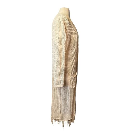 POL Open Knit Long Duster Cardigan Fringe Hem Cream Boho Large Pockets Western - Picture 7 of 8